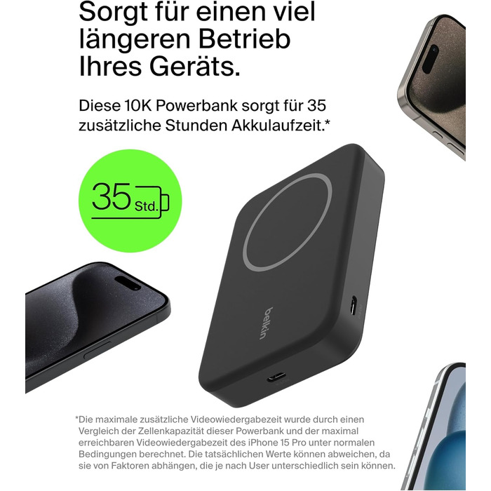 Belkin BoostCharge Pro Powerbank 10000mAh з Qi2 та MagSafe, з вбудованим підсвічуванням, чорний. Сумісний з iPhone 17, iPhone Air, iPhone 16, 15, 14, Pixel та ін.