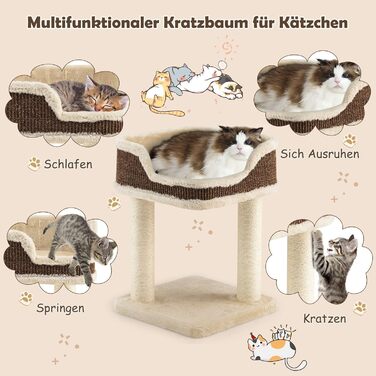 COSTWAY Cat Tree Small, Cat Tree with Large Plush Seat, Wooden Cat Scratching Post, Cat Furniture Climbing Tree, Activity Tree Play Tree, Natural Sisal Tower with Scratching Posts (Beige)
