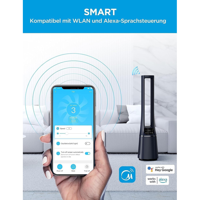 Турбовентилятор Midea MFP-120i (BL) 2-в-1 з очищувачем повітря, тихий (38dB), HEPA фільтр H13, LED дисплей, керування через додаток, Alexa, Google, таймер 12H, осциляція