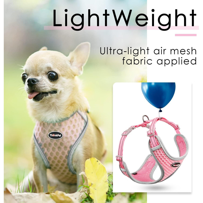 Шлейка для собак ThinkPet No-Pull, дихаюча, для малих, середніх та великих собак, регульована, м'яка, для прогулянок, безпечна, з контролем, з підкладкою, світловідбиваюча (Рожева, M, 1 шт.)