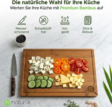Великий обробний бамбуковий дошка Naturlik XXL 45x30 см, карбонізована дерев'яна дошка для кухні з жолобом для соку та ручками для м'яса, овочів та хліба