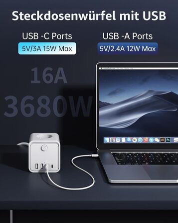 Мережний фільтр 7-в-1 з USB-портами, подовжувач на 3 розетки з вимикачем, кабель 2м, білий — для дому та офісу