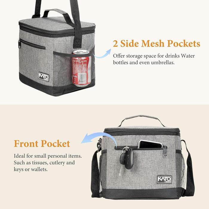 Сумка-ланч Kato Tirrinia для чоловіків: ізольована, 10.5L, з регульованим ремінцем, для роботи, фітнесу, школи, пікніків. Термосумка, витримує витоки, складається. Колір: темно-сірий