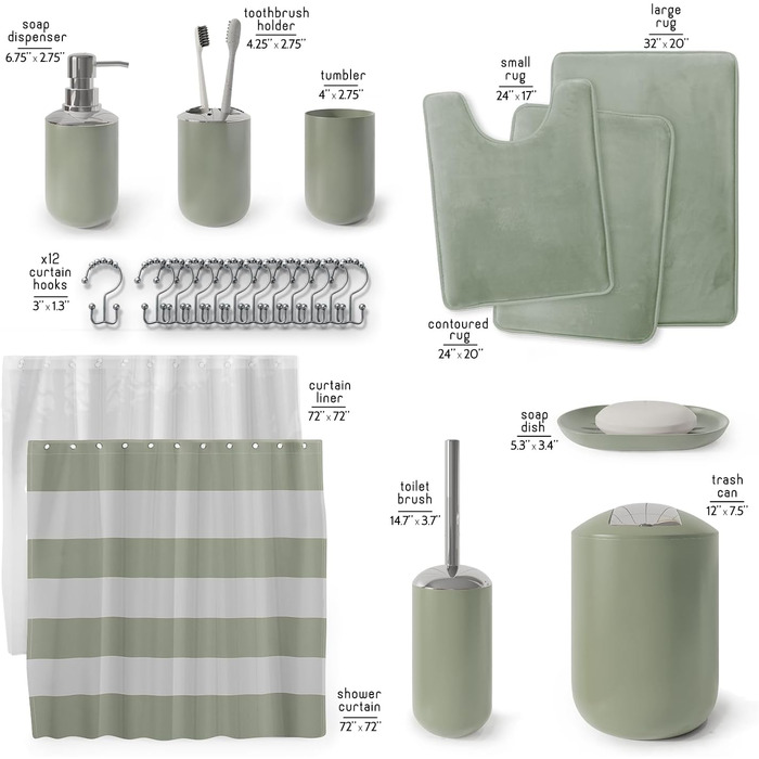 Комплексний набір аксесуарів для ванної кімнати Clara Clark – 25 предметів, салатовий колір, з самоклеючою полицею для душу, шторкою для душу, щіткою для унітазу та сміттєвим відром