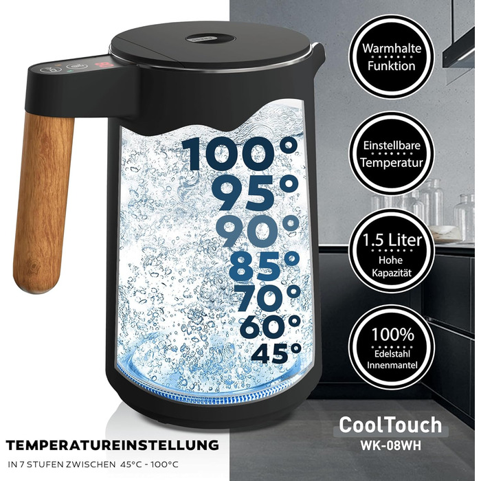 BALTER Stainless Steel Kettle with Temperature Setting, 45°C-100°C, Double-Walled, BPA Free, Quiet & Cordless, Keep-Warm Function, Tea Kettle with Temperature Display, 1.5L, 2200W, Black