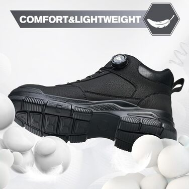 Черевики безпеки для чоловіків та жінок. Легкі, водонепроникні робочі черевики з металевим підноском та поворотним закриттям. Розмір 44 EU, чорний колір.