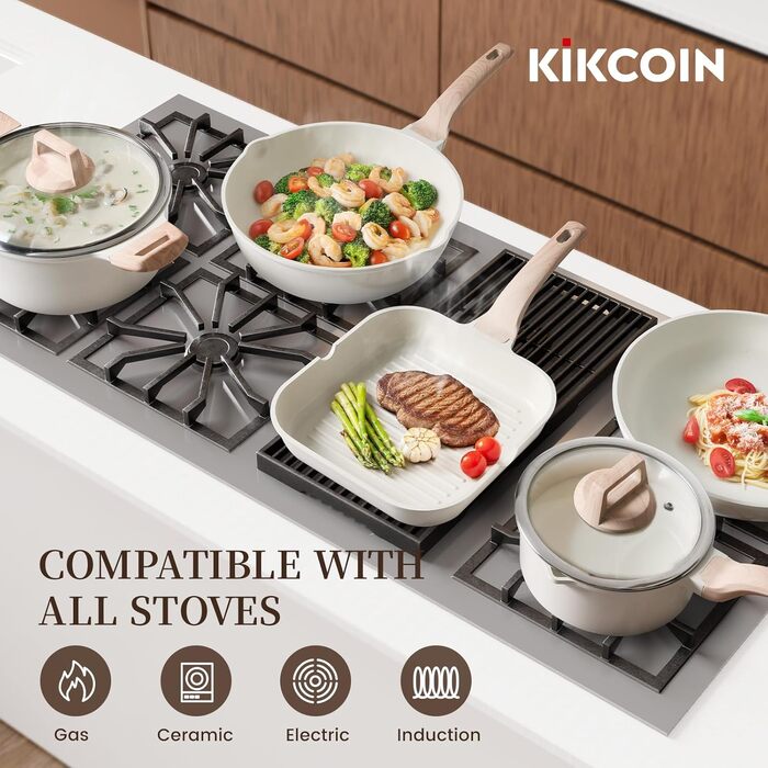 Набір посуду Kikcoin 16 предметів: антипригарні керамічні каструлі та сковороди для індукції, білий керамічний