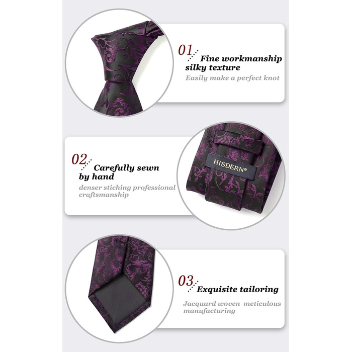Кравка для чоловіків HISDERN: весільний комплект з краваткою та нагрудною хустинкою в павловій візерунку (фіолетовий)