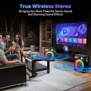 Портативна караоке-машина Ankuka з 2 бездротовими мікрофонами, 15W Bluetooth, LED-підсвічуванням, TF/USB, FM, AUX, TWS, для вечірок та свят