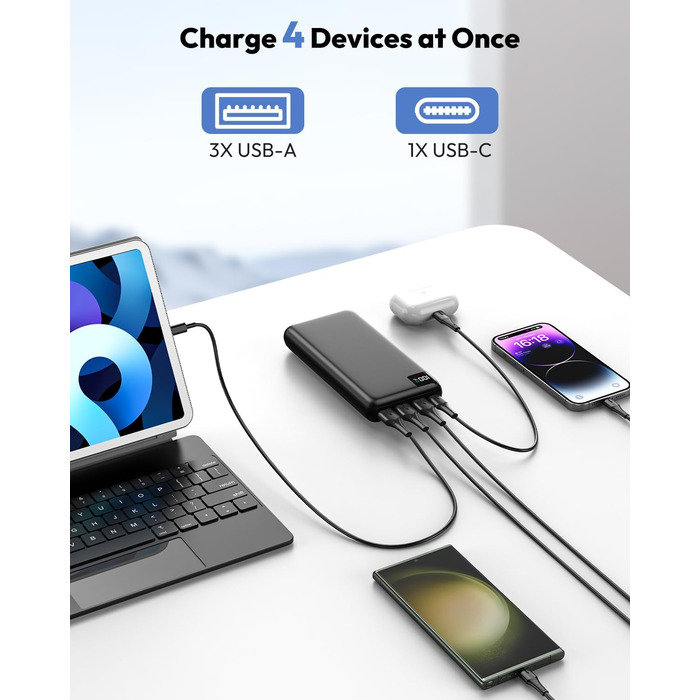 Power Bank SOARAISE 27000mAh з LED-дисплеєм: зарядний акумулятор для телефону та планшета, 4 виходи, USB-C, чорний