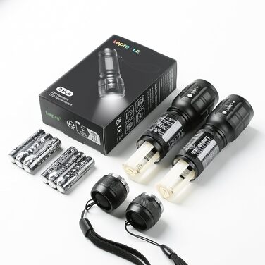 LED ліхтарик Lighting EVER LE - компактний, яскравий, з регулюванням фокусу. Водонепроникний ліхтарик для кемпінгу, відпочинку на природі та надзвичайних ситуацій (2 шт.) Чорний