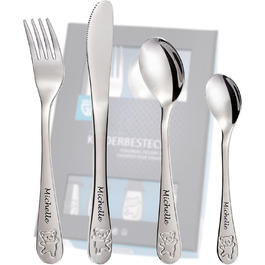 Дитячий столовий прилад Kinderbesteck з гравіюванням імені/мотива 'Teddy Bärchen' (ведмедик), 1 або 4 шт. у наборі, з нержавіючої сталі, гравіювання стильною літерою