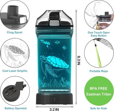 Kids' Water Bottle with 3D Glowing Turtle, LED Light – Tritan, BPA-Free, Creative, Ideal as a Travel Mug, Gift for Starting School, Girls, Boys, Picnic (Sea Turtle, 400 ml)