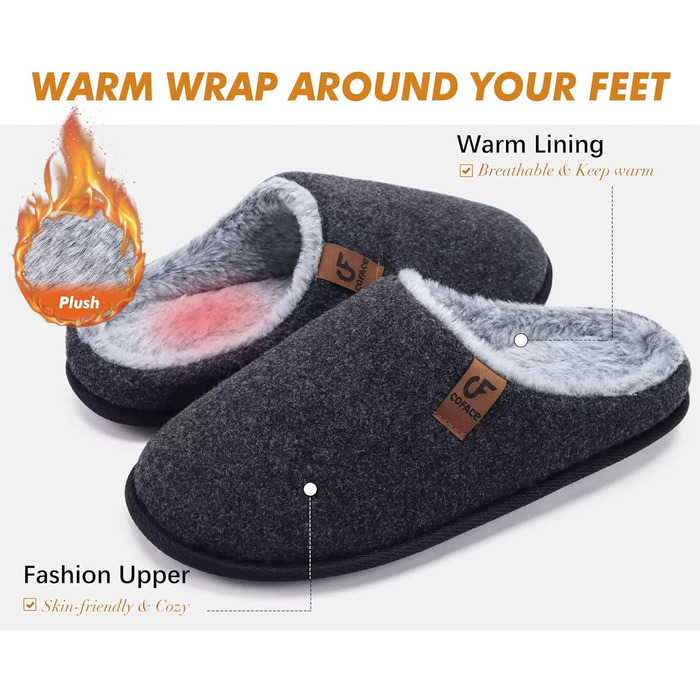 Тапочки жіночі COFACE з фетру, теплі, зручні, з м'якою підкладкою, чорні, розмір 38 EU