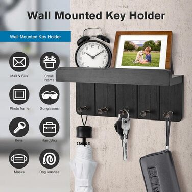 Дерев'яне ключниця з полицею, настінна | 5 гачків | для прихожей, кухні, спальні (чорний)