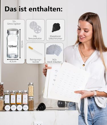 Скляні банки для спецій Deco haus® з кришкою та ситом [+Етикетки та сито] - Набір банок для спецій - Контейнери для спецій - Зберігання спецій - Організатор спецій (12 шт. - Білий)