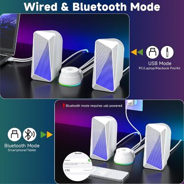 SOULION C30 - Bluetooth колонки для ПК, монітора, ноутбука, ігор. Stereo 2.0, LED, Aux, USB, білий
