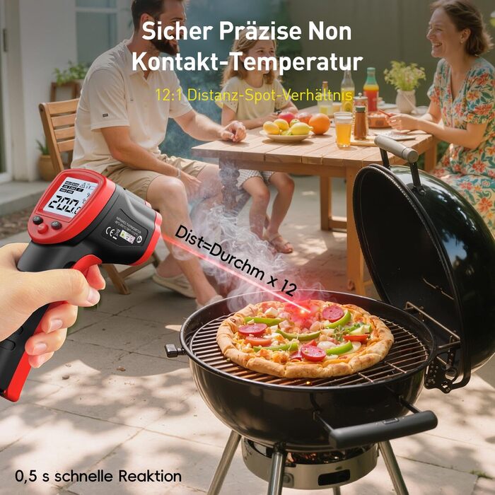 Інфрачервоний термометр Eventek -50°C до 600°C з лазером та LCD дисплеєм. Безконтактний термометр для піци, гриля, приготування їжі та промисловості. Регульований коефіцієнт випромінювання (Не для людей). Червоний з термометром для м'яса 304.