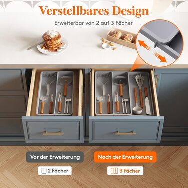 Органайзер для столових приладів Lifewit в шухляду, розширюваний 43.9 см, сірий, 40 см глибина, для кухні, ложок, ножів, лопаток