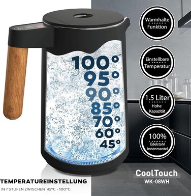 BALTER Stainless Steel Kettle with Temperature Setting, 45°C-100°C, Double-Walled, BPA Free, Quiet & Cordless, Keep-Warm Function, Tea Kettle with Temperature Display, 1.5L, 2200W, Black