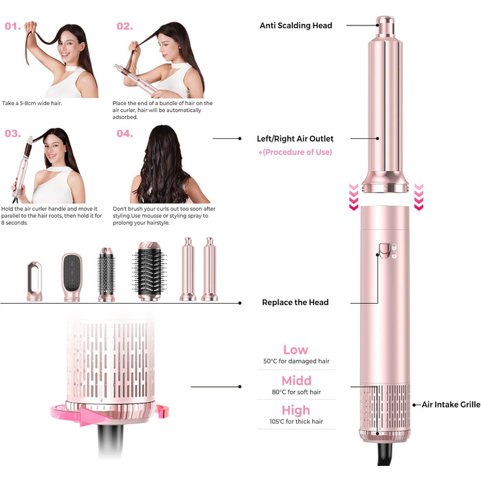 Набір для укладки волосся 6 в 1 Pro Hair Styler: фен, щітка, плойка, автоматична завивка. 1000W, для всіх типів волосся (Оранжевий)