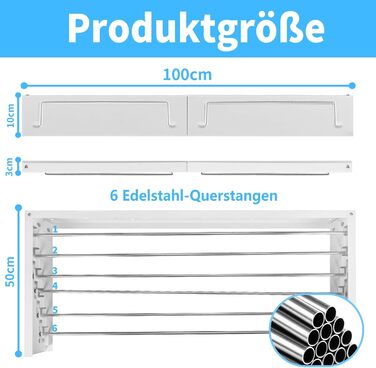Настінний сушильник для білизни з довгими стрижнями, 5 ліній сушіння, розкладний, для ванної кімнати та вулиці (білий, 100 см)