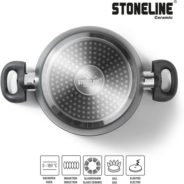 STONELINE Ceramic Cookware Set, 6-Piece, 18/20/24cm Pots with Lids. PFAS-Free, Non-Stick Pot. Suitable for Induction and All Cooktops with Ceramic Coating and Real Stone Particles. Cookware Set, Grey, 6-Piece