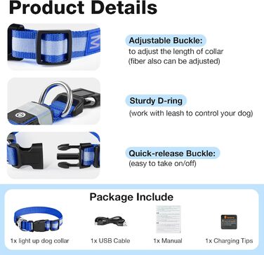 LED нашийник для собак з підзарядкою, вологостійкий світлодіодний нашийник, 7 кольорів, регульований для малих та великих собак, блакитний (L)