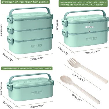 Бенто-бокс 2700 мл, 3-рівневий з виделкою та ложкою, 4-в-1, для їжі, зберігання продуктів, для чоловіків, жінок, студентів, мікрохвильова та посудомийна машини (Хакі, Легкоблакитний)