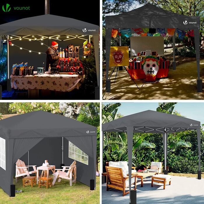 VOUNOT® 3x3m (approx. 10x10ft) Pavilion with 4 Side Walls & 4 Sandbags, Pop-Up Folding Pavilion, Foldable Garden Tent Party Tent, including Bag, Grey