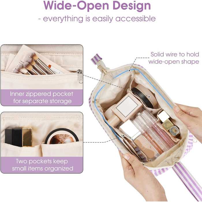 Косметичка жіноча Narwey для подорожей: велика, з широким відкриванням (сіро-блакитний з фіолетовими смужками)