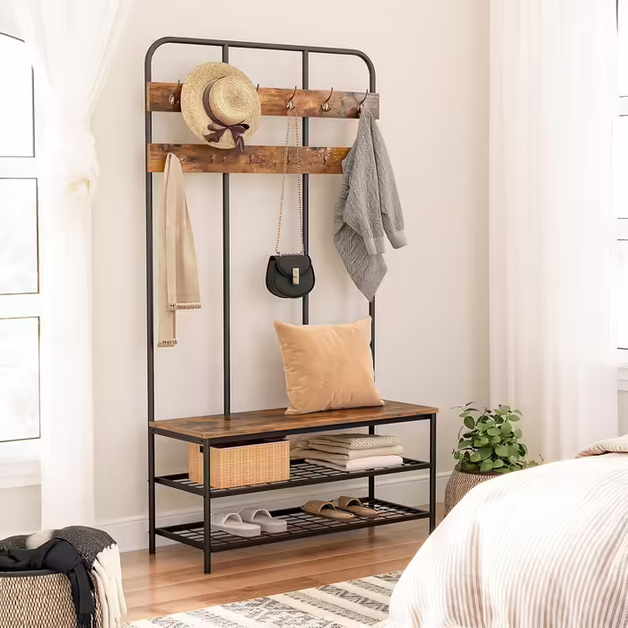 HOOBRO Coat Rack, Large Wardrobe with Bench, Shoe Rack with Seating, Clothes Rack with 12 Hooks, Ample Storage Space, for Entryway, Bedroom, Living Room, Dark Brown-Black EBF05MT01