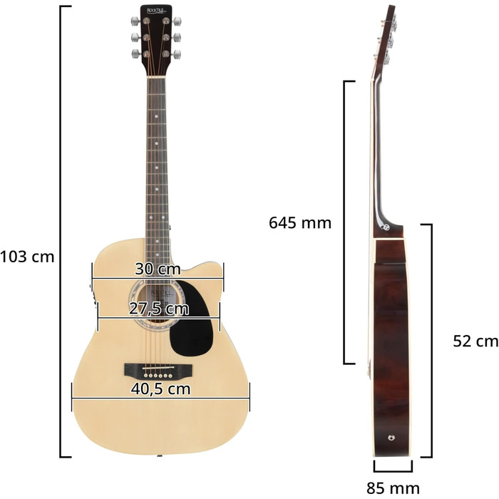 Rocktile WSD-8CE-NT: Акустична гітара Western Slim Line з підсилювачем, комплект - Dreadnought, сумка, ремінь, кабель, струни, медіатори - Natural