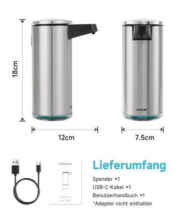 Дозатор для мила автоматичний AIKE SensePro, нержавіюча сталь 380 мл, USB-C, матовий (шліфований)