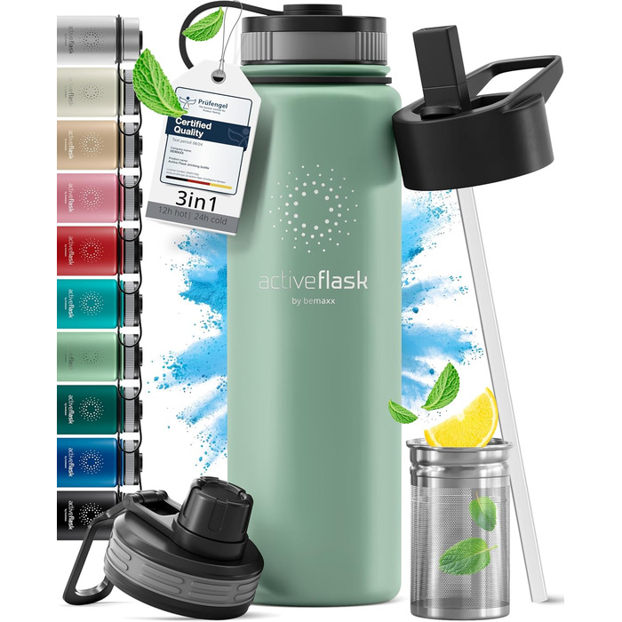 Фляга для води з нержавіючої сталі з трубочкою та інфузером, 3 кришки: BPA-free, не протікає, підходить для газованої води - спортивна фляга, термофляга, ізотермос, для дітей, 680 мл, Sage