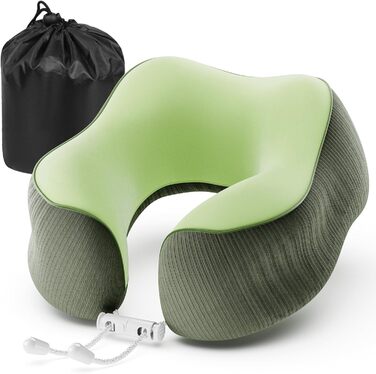 Подушка для шиї у подорожах, Memory Foam, ергономічна підтримка шиї | Подушка для шиї, подушка-ролик | Для подорожей, офісу, літака та дому, зелена