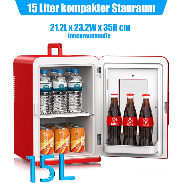 KESSER® Міні холодильник/термобокс 15L з охолодженням та нагріванням. Портативний AC/DC 220-240V/12V для авто, офісу, дому, кемпінгу. Червоний