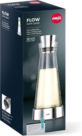 Emsa 514233 Flow Slim Glass Carafe, with Cooling Element, Glass, Elegant Design, 1 Liter, Transparent, 11 x 11 x 38.2 cm