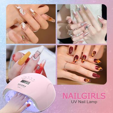 LED UV лампа для нігтів NAILGIRLS 150W з таймером, датчиком та LCD дисплеєм. Підходить для гель-лаку, пальців та нігтів. Рожевий колір.