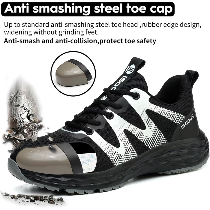 Черевики робочі ISOOUS для чоловіків та жінок. Безпекові черевики з металевим капом, антиковзаючі, дихаючі, спортивного стилю (37 EU, Чорний)