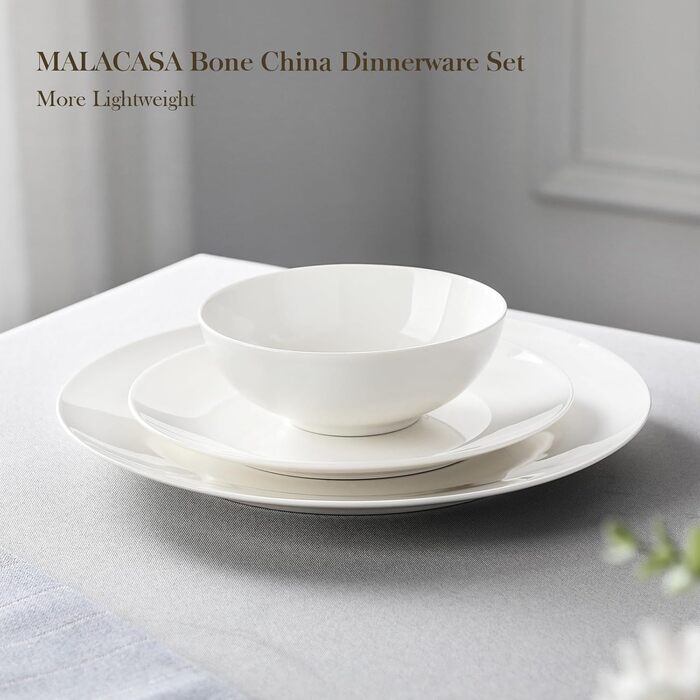 MALACASA Набір посуду 12 предметів для 4 осіб з кісткового фарфору, серія JERA Weiß, кремово-білий, міцний, для миття в посудомийній машині та для мікрохвильовки