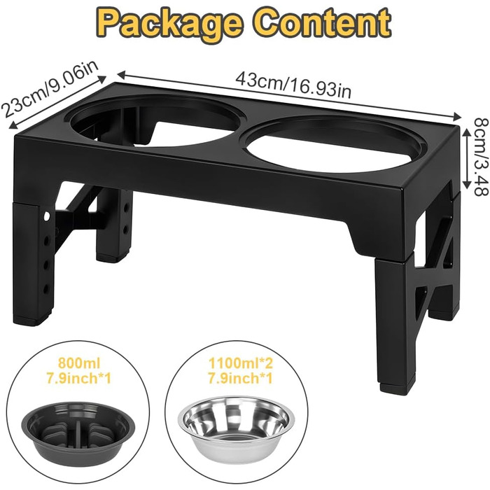 Підвищений годівниця для собак з регулюванням висоти, 5 рівнів, 2 миски з нержавіючої сталі та 1 миска з захистом від протікання. Підвищена станція для годування собак. Підходить для собак маленьких, середніх та великих порід.
