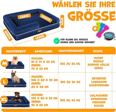 Ортопедичне ліжко для собак з подушкою та мискою, 3 іграшки, лежанка для собак маленьких, середніх та великих порід, знімний та пральний чохол, 106x80x22 см, Navyblau L (106 x 80 x 25 см) Navyblau