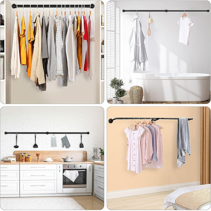 Wall-Mounted Clothes Rack 200cm Pipe Clothes Rail Industrial Style Wall Hangers Detachable Metal Clothes Rod Wardrobe Rail Bedroom for Hallways Living Room Bedroom