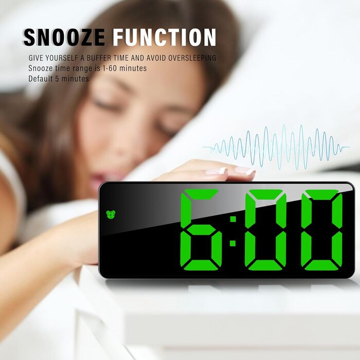 Електронний годинник-дзеркало JQGO з LED дисплеєм, USB-кабель, регулювання яскравості, показ температури, будильник, таймер, для спальні (чорно-зелений)