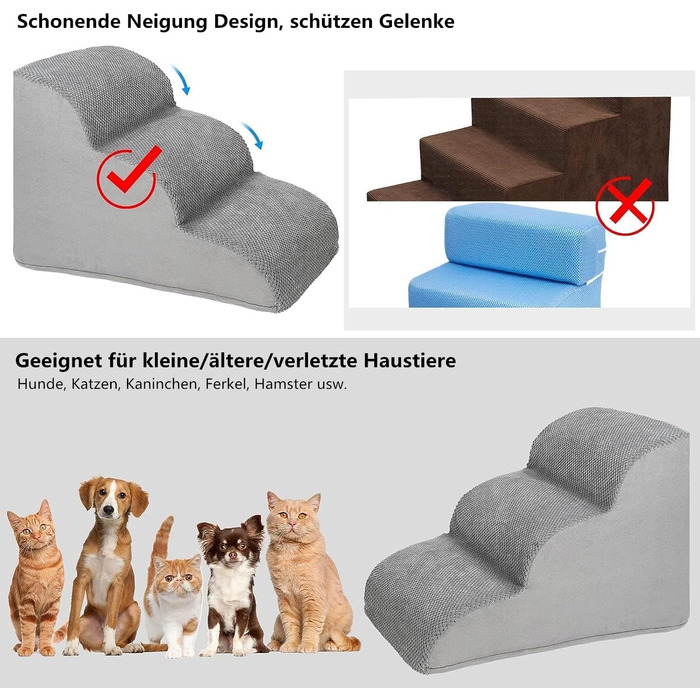 LIANTRAL Dog Stairs, 3 Steps Dog Ladder for Bed and Sofa made of High-Density Sponge, Cat Stairs Dog Ramp with Removable, Washable Cover and Pet Hair Remover Roller, 40 cm High