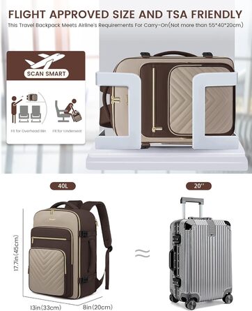 LOVEVOOK Рюкзак для ручної поклажі, 40L, рюкзак для жінок, водонепроникний, відділення для ноутбука 17 дюймів, для подорожей, роботи, хайкінгу, оливково-зелений/бежевий