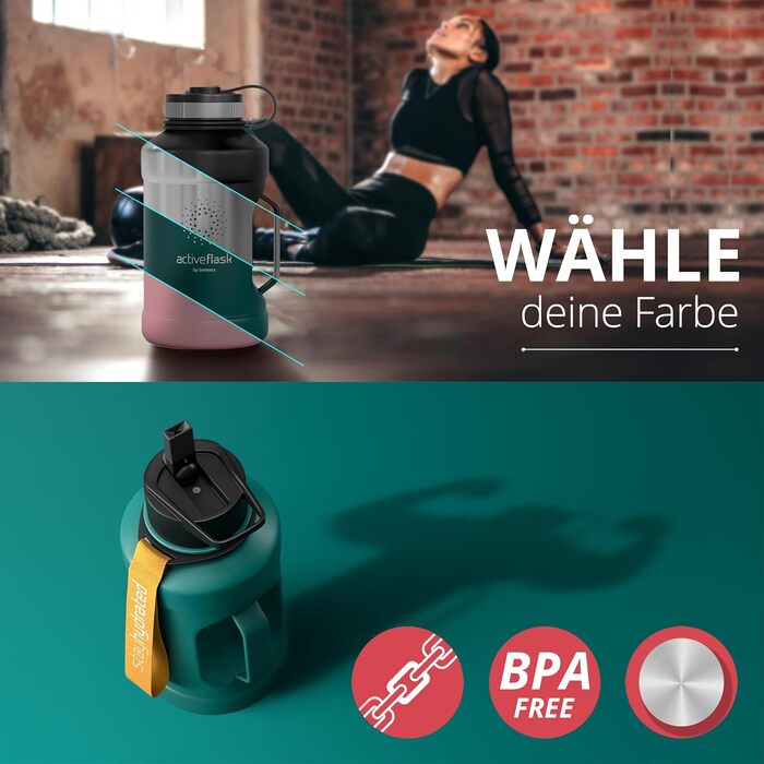 Спортивна пляшка з нержавіючої сталі ACTIVE FLASK 1,3 л, BPA-free, з трубочкою, 3 кришки, герметична, підходить для газованої води, темно-бірюзова, для спорту, фітнесу, аутдору
