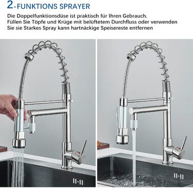 Кухонний змішувач з двома виливами, поворотний на 360°, з високим виливом та спіральною шланговою насадкою. Змішувач для кухні з нержавіючої сталі, оброблений під мідь (щіткова обробка).