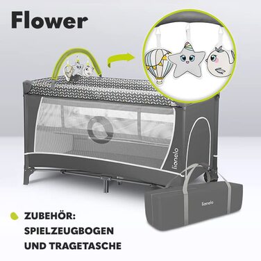Lionelo Flower 4in1 Travel Cot Baby, Playard Baby with Side Entrance, Changing Table, Two Mattress Suspension Heights, Play Arch with Figures, Wheels, Carry Bag 1 Piece (1-Pack) Grey